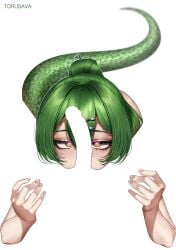 grabbing_legs green_hair heart-shaped_pupils heart_eyes hypnosis imminent_oral penis_on_face silhouette snake_girl snake_tail torusava waist_grab
