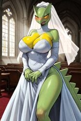 1female 1girls ai ai_generated armwear big_breasts blush bride bride_veil church church_background church_interior clothed day dress embarrassed embarrassed_expression empty_room female female_only frosting.ai game_freak generation_3_pokemon green_body green_tail hands_together happy looking_at_viewer neckwear nintendo open_mouth pink_eyes pokemon pokemon_(species) sceptile solo standing sunlight tail wedding wedding_dress wedding_gloves wedding_veil white_armwear white_dress white_neckwear yellow_breasts yellow_sclera