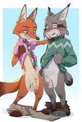 absurd_res anthro balls blush bottomwear bottomwear_down canid canine circumcised clothed clothing clothing_lift comparing comparing_penis disney duo felid feline fox genitals hi_res humanoid_genitalia humanoid_penis lynx male male/male mammal navel necktie nick_wilde numberfour pants pants_down partially_clothed pawbert_lynxley penis shirt shirt_lift topwear zootopia