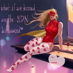 alternate_costume billboard blonde_blazer blonde_hair derek_stratton(artist) dispatch_(game) official_art pinup tagme thighhighs valentine valentine's_day valentine's_day_card valentines_day_card what_if_we_kissed_at...