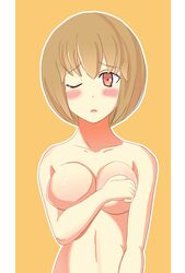 blush brown_eyes brown_hair devil_survivor_2 female large_breasts nitta_io nude pointy_chin short_hair solo