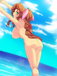 1girls aerith_gainsborough ass breasts brown_hair cloud female female_only final_fantasy final_fantasy_vii green_eyes hair_ornament hair_ribbon human long_hair nipples nude ponytail ribbon sephimoe sky smooth_skin solo tied_hair water