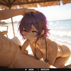 1boy ai_generated all_fours ass bangs beach beach_umbrella belle_(zenless_zone_zero) bikini black_bikini blurry blurry_background blush breasts cleavage collarbone day depth_of_field earrings erection fellatio female frenzyai green_eyes hair_between_eyes hair_ornament hairclip hand_on_another's_head jewelry male_pubic_hair medium_breasts ocean oral outdoors penis pubic_hair purple_hair saliva short_hair solo_focus straight sweat swimsuit testicles thong_bikini umbrella uncensored water x_hair_ornament zenless_zone_zero