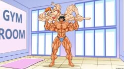abs atariboy biceps bikini breasts female kasumi_(pokemon) male muscles muscular muscular_arms muscular_female muscular_legs muscular_male muscular_thighs pecs pokemon satoshi_(pokemon)