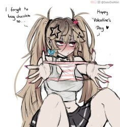 1girls blonde_hair clothed dokidomiki female femcel girlfailure holding_underwear long_hair panties tagme tagme_(character) thick_thighs twitter twitter_user_oc valentine's_day valentines_day watermark