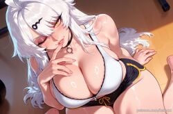 ai_generated balecxi barefoot choker cleavage dolphin_shorts female large_breasts long_hair looking_at_viewer one_eye_closed patreon_username shorts sitting solo thighs wariza white_hair yellow_eyes yixuan_(zenless_zone_zero) zenless_zone_zero