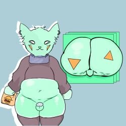 absurd_res anthro ass big_butt cellulite chastity_cage chastity_device deardeus fur green_body green_fur hi_res male overweight overweight_anthro presenting presenting_hindquarters rear_view solo standing thick_thighs wide_hips