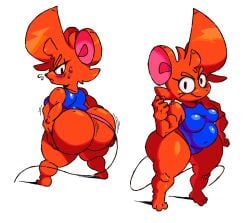 anthro ass blue_leotard bluesky_username bubble_butt fat_ass female_anthro leotard murid orange_fur original rodent standing sue_stacy thick_ass thick_thighs tmgthejust white_background
