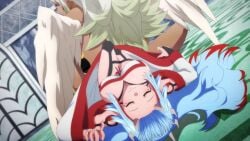 2girls breasts chained_soldier closed_eyes clothing dark-skinned_female jouryuu_(mato_seihei_no_slave) kuusetsu mato_seihei_no_slave medium_breasts screencap white_hair wings