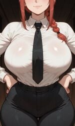 ai_generated braid breasts chainsaw_man curvy female female_only houseofwaifu huge_breasts makima_(chainsaw_man) necktie pants red_hair shueisha smiling