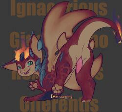 4_fingers absurd_res all_fours animal_genitalia big_ears blue_body blue_nails blue_scales blush brown_body colored_nails dragon erection feral fingers fire flaming_horn genital_focus genital_slit genitals gesture green_eyes hi_res huge_filesize league_of_legends looking_at_viewer looking_back male multicolored_body mythological_creature mythological_scalie mythology nails pawpads penis pink_penis raised_tail red_body riot_games scales scalie signature simple_background smile smolder_(lol) solo spread_wings tail tail_anus teeth tencent text waving waving_at_viewer wings wolli_mazangui