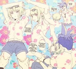 2boys androgynous clothed clothing dialogue femboy galo_thymos gay lio_fotia male massage on_lap pov promare questionable rubbing size_difference suggestive sunscreen text twink wholesome yaoi