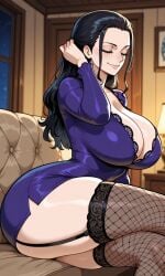 ai_generated big_breasts curvaceous curvy dress female female_only houseofwaifu huge_breasts long_hair mommy nico_robin one_piece shounen_jump shueisha sitting stockings thick_legs thick_thighs wide_hips