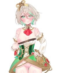 automaton cecilia_immergreen flashing flashing_breasts flashing_pussy flat_chested flustered green_eyes green_hair hololive hololive_english joints nipples_outside