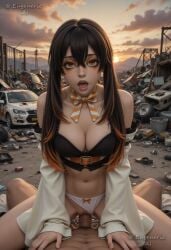 1boy ai_generated amo_empool artist_name bare_shoulders black_hair bow bow_panties bowtie breasts brown_hair car cleavage clothing_aside cloud collarbone cowgirl_position detached_sleeves earrings eugenericai female gachiakuta gradient_hair hair_between_eyes jewelry large_breasts long_hair long_sleeves looking_at_viewer makeup male_pubic_hair medium_breasts mole mole_on_breast motor_vehicle multicolored_hair navel off_shoulder open_mouth orange_eyes outdoors panties panties_aside penis pov pussy sex sky solo_focus spread_legs straddling straight striped_bow sunset tongue twintails uncensored underwear vaginal_penetration veins white_panties