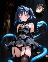ai_generated arbitrary blue_eyes blue_hair garter_straps gothic_lolita hololive hololive_english hololive_english_-council- ouro_kronii panties short_hair snake thighhighs twintails vtuber