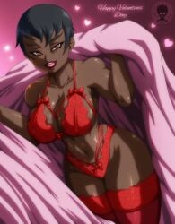 1girls big_breasts black_hair bottomwear bra breasts brown_eyes dated dc dc_comics english english_text female female_only hair hips inviting_under_covers lace lace-trimmed_bra lace-trimmed_panties lace-trimmed_thighhighs lace_trim legwear lingerie lips lipstick on_bed on_side panties red_bra red_panties red_thighhighs sheet_grab sheets short_hair solo solo_female suture_art text thighhighs thighs topwear valentine's_day vixen_(dc)