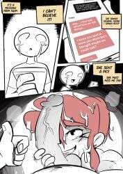 1girls 2boys 2boys1girl balls ballsack big_penis black_and_white crying crying_male cuckold cum cum_on_face cum_on_hair dialogue dialogue_box english_text female joshin male malesub netorare penis penis_on_face pink_hair smartphone text tulip_(joshin)