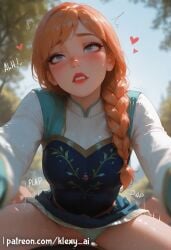 1girls ai_generated anna_(frozen) ass blue_eyes blush clitoris closed_mouth curvy disney disney_channel disney_princess english_text female female_focus female_on_cloth female_on_top fringe frozen_(film) frozen_2 heart heart_symbol hi_res horny horny_female klexyai legwear light_skin looking_at_viewer low-angle_view orange_hair outdoors penis penis_in_pussy ponytail pussy side_view smile stockings sweatdrop teeth text thighs uncensored watermark