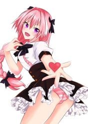 1boy 1femboy ass astolfo_(fate) astolfo_(fate/apocrypha) astolfo_(saber)_(fate) astolfo_(sailor_paladin)_(fate) cute cute_expression cute_eyes cute_face cute_male fate/apocrypha fate/grand_order fate_(series) femboy gift heart heart_in_hand light-skinned_male looking_at_viewer maid male male_only open_mouth panties pantyhose pink_hair skirt skirt_lift smile smiling smiling_at_viewer solo valentine's_day white_background