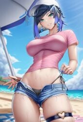 1girls ai_generated beach beach_background beach_towel beach_umbrella bikini bikini_bottom blue_hair boxingchamp feet_out_of_frame female garter_straps genshin_impact green_eyes heart_garter hoyoverse jean_shorts narrow_waist navel navel_peek open_clothes open_clothing open_shorts pink_shirt short_shorts side-tie_bikini side_tie_panties skinny skinny_female smile smile_at_viewer smiley_face sweat sweating sweaty sweaty_body thigh_squish thigh_strap tight_clothes tight_clothing tight_shirt upper_body upper_body_focus upper_body_only white_hat yelan_(genshin_impact)