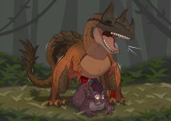all_fours anthro anthro_on_feral ass_up big_dom_small_sub brown_body brown_scales charr dinosaur dominant duo feathers felid female female_on_feral female_penetrated feral feral_penetrating forced fur grey_body grey_fur guild_wars hi_res horn interspecies larger_male looking_pleasured male male/female mammal mcfan penetration penile penile_penetration prehistoric_species rape reptile saurischian scales scalie sex size_difference smaller_female theropod tyrannosauroid tyrannus_(guild_wars) wide_eyed zoophilia