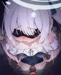 1boy bar_censor blindfold blue_archive blue_halo blue_one-piece_swimsuit blush breasts cameltoe censored covered_nipples erection female frilled_one-piece_swimsuit frills halo heavy_breathing highres miyako_(blue_archive) miyako_(swimsuit)_(blue_archive) nipple_rub nipple_stimulation nipple_tweak off-shoulder_one-piece_swimsuit off_shoulder official_alternate_costume one-piece_swimsuit open_mouth penis rabbit_platoon_(blue_archive) saliva shinkaiobake small_breasts solo_focus sweat swimsuit wading water