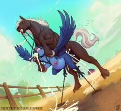 1boy 1girls anthro anthro_penetrated avian bdsm belly_riding bestiality bird blue_body blush bodily_fluids bondage bound brown_body cum cum_inflation cum_inside cum_through cumflated_belly cumflation detailed_background duo equid equine feathered_wings feathers female female_penetrated feral feral_on_anthro feral_penetrating feral_penetrating_anthro genital_fluids hi_res horse inflation male male/female male_penetrating male_penetrating_female mammal nude outside penetration penile penile_penetration sex sugarlesspaints undercarriage wings
