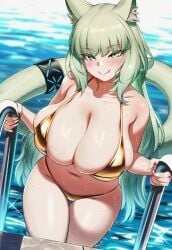 1girls ai_generated arknights bikini blush cat_ears cat_girl cleavage gold_bikini green_eyes green_hair harmonie_(arknights) huge_breasts smile smug
