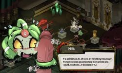 1boy 1girls bluper blush dialogue dusa_(hades) fangs female game_screenshot game_ui hades_(game) hairjob heart-shaped_pupils male screenshot snake_hair supergiant_games text