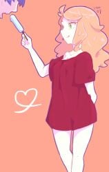 1boy 1girls borrowed_clothes food green_eyes green_nails hair_down holding_object kemidori_(keminnnnnn) leon_(pokemon) nintendo orange_hair oversized_shirt pokemon pokemon:_twilight_wings pokemon_ss popsicle red_shirt shirt solo_focus sonia_(pokemon)