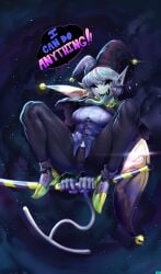 1girls 2018 breasts clothed clothing deltarune female female_only hat highres jevil_(deltarune) jlullaby long_tongue male open_mouth penis penis_outline penis_under_clothes pointy_ears rule_63 sharp_teeth solo speech_bubble spreading teeth text tongue tongue_out undertale_(series) video_games