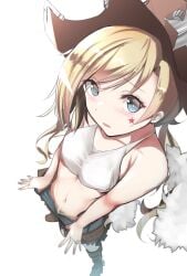 1girls blonde_hair blue_eyes breasts clothing colt_revolver_(girls'_frontline) cowboy_hat female female_only from_above girls'_frontline hat long_hair looking_at_viewer navel pants pants_pull pubic_hair pubic_hair_peek small_breasts take_(trude1945oneetyan) viewed_from_above