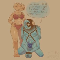 1girl1boy astro_(dandy's_world) before_sex blush bondage chest_belt chubby_female dandy's_world femdom four_arms lingerie moonshell_(ship) on_knees red_bra shelly_(dandy's_world) slim_male straight submissive_male tenderapple text thong tied_hands trusting