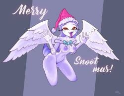 alexsavenije amber_eyes anthro artist_name barely_visible_genitalia barely_visible_vulva biped bow_tie breasts christmas christmas_clothing christmas_headwear clothing colored elbow_feathers english_text fang_(gvh) feathered_wings feathers female fingers front_view full-length_portrait genitals goodbye_volcano_high grey_background grey_body grey_feathers grey_hair hair happy hat hat_only headgear headgear_only headwear headwear_only hi_res holidays humanoid_genitalia humanoid_hands humanoid_vulva kneeling ko_op_(game_developer) long_hair looking_at_viewer markings medium_breasts mostly_nude mostly_nude_anthro mostly_nude_female nipples non-mammal_breasts non-mammal_nipples open_mouth open_smile portrait pose prehistoric_species pterosaur reptile santa_hat scalie shaded short_tail simple_background smile solo striped_markings stripes tail text tongue tongue_out vulva wings