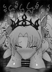 1boy 1girls :>= big_penis black_and_white blonde_hair blush breasts censored dark-skinned_male dark_skin deepthroat_mark detailed_background drooling ereshkigal_(fate) eyelashes fate/grand_order fate_(series) fellatio female fringe hands-free headgear heart heart-shaped_pupils human indoor inside interracial kurotama light-skinned_female light_skin long_hair looking_down male male_pov oral oral_sex pale-skinned_female pale_skin penis pov room saliva saliva_trail shiny shiny_skin sketch sound_effects squatting sweat text tied_hair tohsaka_rin twintails vein veins veiny veiny_penis