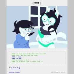 1:1 animal_genitalia animal_penis animated animated_comic anthro ashleyorange balls bite black_hair blush blush_lines bodily_fluids buckteeth bulge canid canine canine_genitalia canine_penis clothed clothing clothing_around_legs comic comic_panel crop_top dialogue duo english_text eyewear finger_bite finger_in_mouth fur genital_fluids genitals glasses green_penis gynomorph gynomorph/gynomorph hair hi_res homestuck human humanoid hybrid incest_(lore) intersex intersex/intersex jade_harley june_egbert knot knotted_penis long_hair mammal ms_paint_adventures onesie pajamas panties panties_around_legs panties_down pantsless partially_clothed penis petplay pointy_ears precum prick_ears puppyplay roleplay shirt short_hair sibling_(lore) sister_(lore) sisters_(lore) tail tail_motion tailwag teeth text topwear trans_(lore) trans_woman_(lore) underwear underwear_around_legs underwear_down white_body white_fur