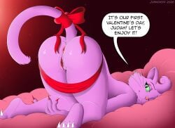 anthro anus ass ass_up bed bojack_horseman bow_ribbon domestic_cat felid feline felis female furniture genitals gift hi_res holidays juanonyx love mammal netflix nude pinup pose princess_carolyn ribbons solo valentine's_day vulva