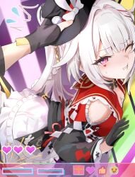1boy against_wall black_gloves breasts caelus_(honkai:_star_rail) capelet cleavage clenched_teeth commentary_request emoji female fingerless_gloves gloves hand_on_headwear heart highres honkai:_star_rail honkai_(series) long_hair medium_breasts one_eye_closed purple_eyes red_capelet sex sex_from_behind skirt sparkle_(honkai:_star_rail) sparxie_(honkai:_star_rail) straight teeth tomas_(kaosu22) trailblazer_(honkai:_star_rail) twintails very_long_hair white_hair white_skirt