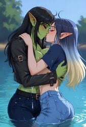 2girls ai_generated ai_voice_acted animated bare_breasts belt black_hair blue_eyes blue_jeans closed_eyes cowlick elf elf_female fake_art fantasy female/female female_only freckles goblin goblin_female green_fingernails green_skin happy kissing lake leather_jacket long_hair lovers midriff monster_girl multicolored_hair music nipples passionate pointy_ears ripples romantic shirt_lift t_shirt tagme tongue_kiss topless video water wet wife_and_wife yuri