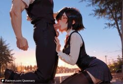 1boy 1girls ai_generated big_ass big_breasts big_butt blush boobjob breasts cute cute_face female female_focus female_on_cloth large_ass large_breasts light-skinned_female light_skin looking_at_viewer open_mouth peniparker penis penis_in_mouth queenary web_address