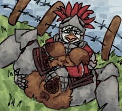 abs anthro anus areola armor avian barbed_wire_fence beak_closed big_breasts blue_sky breasts brown_areola brown_body feather_hair feathers female genitals grass half-closed_eyes headgear helmet hi_res jane_(breegulleagle) knight_armor looking_at_viewer lying narrowed_eyes on_ground plant presenting presenting_vulva pseudo_hair red_body red_feathers scaliescum shoulder_pads sky solo spread_legs spread_vulva spreading upset vulva white_head
