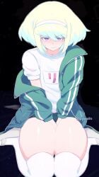 1boy androgynous blush blushing_at_viewer bob_cut clothed clothing embarrassed femboy femboy_only fully_clothed headband lio_fotia looking_at_viewer male nervous oyasaiiis promare short_hair solo sweatdrop sweating thick_thighs thighhighs twink