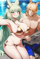 1girls ai_generated annoyed arknights blush cat_ears cat_girl gold_bikini green_eyes green_hair harmonie_(arknights) huge_breasts mlynar mlynar_(arknights) muscular_male newspaper smile smug