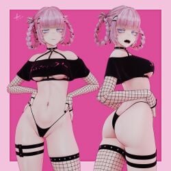 3d bubble_butt call_of_the_night fishnet_armwear fishnet_legwear fishnets girl goth goth_girl kleymir nanakusa_nazuna pink_hair short_hair skindentation string_bikini underboob vampire yofukashi_no_uta