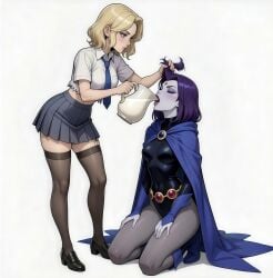 ai_generated blonde_hair crossover dc_comics dominant_female domination goth_girl gwen_stacy gwen_stacy_(spider-verse) marvel_comics raven_(dc) spider-gwen spider-man:_into_the_spider-verse teen_titans yuri