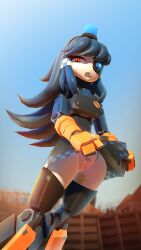 3d barcode_pubic_hair female flash geerld hazard_symbol looking_down mimi_sentry no_panties pussy robot robot_girl skirt skirt_lift team_fortress_2 thighs warning_sign