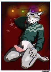 anthro balls bodily_fluids bottomless bottomless_male claws clothed clothing disney erection felid feline fur genital_fluids genitals grey_body grey_fur hand_on_hip hi_res humanoid_genitalia humanoid_penis itssilverhoof looking_at_viewer lynx male male_only mammal markings multicolored_body multicolored_fur pawbert_lynxley pawpads paws penis precum pubes short_tail simple_background solo sweater sweater_only tail tail_markings topwear topwear_only tuft whiskers white_inner_ear yellow_eyes zootopia