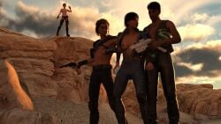 2boys 2girls 3d captured captured_female clothed daz_studio female gun jenlapa jumpsuit male open_clothes open_jumpsuit original topless topless_female