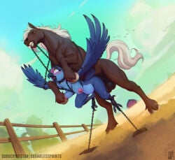 1boy 1girls anthro anthro_penetrated avian bdsm belly_riding bestiality bird blue_body blush bondage bound brown_body detailed_background duo equid equine feathered_wings feathers female female_penetrated feral feral_on_anthro feral_penetrating feral_penetrating_anthro hi_res horse male male/female male_penetrating male_penetrating_female mammal nude outside penetration penile penile_penetration sex stomach_bulge sugarlesspaints undercarriage wings